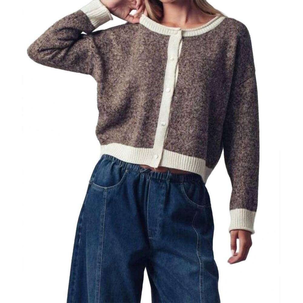 NEW HEYDAY detail soft knit button front cardigan sweater in cream/ mocha